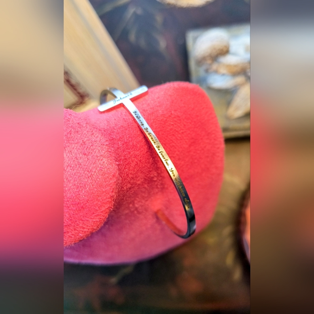 Spiritual Silver Cross Cuff Bracelet "Be Strong. Be Brave, Be Fearless" New